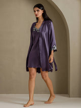 [Lila Grå] SilkSilky-SE 3/4 Sleeve V Neck Dam Nattlinne&Morgonrock Set 003