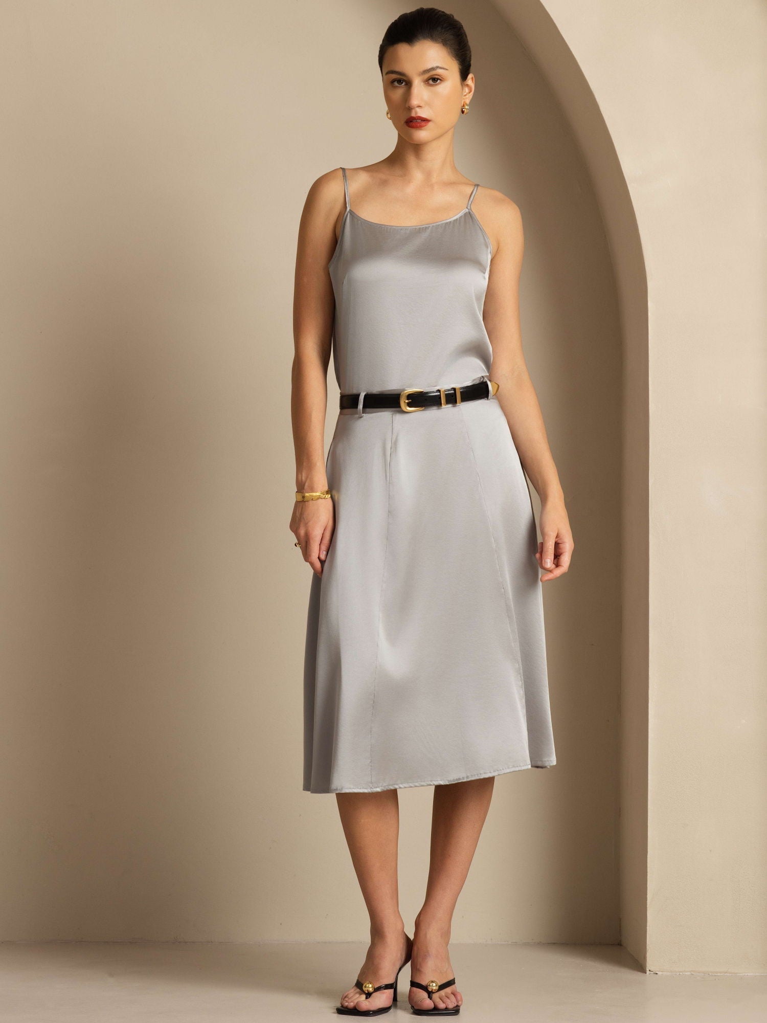 [Griffin Grå] SilkSilky-SE 19Momme Spaghetti Rem Djup Rund Halsringning Cami Toppar 005