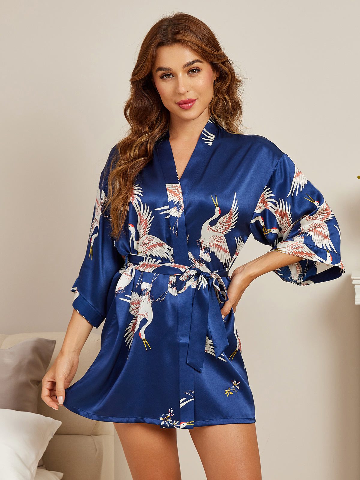 [Mörkblå] SilkSilky-SE Rent Silke Womens Robe 003