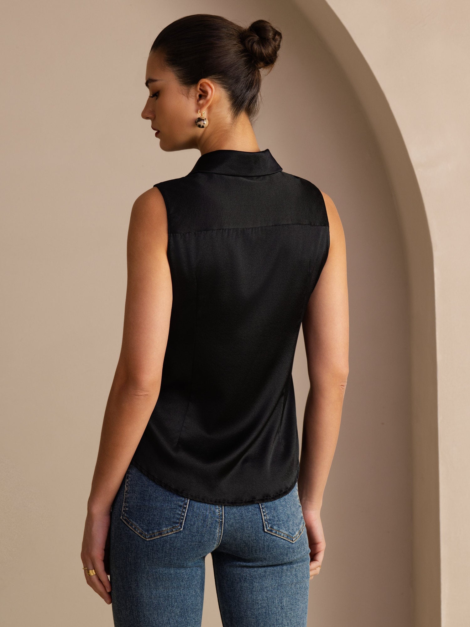[Svart] SilkSilky-SE Sleeveless Lapel Collar Damskjorta 002