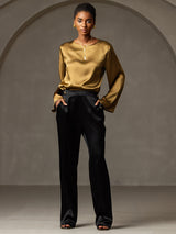 [Brun] SilkSilky-SE Long Sleeve Boat Neck Blus 008