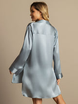 [Gråblå] SilkSilky-SE Long Sleeve Lapel Collar Dam Sömnskjorta 003