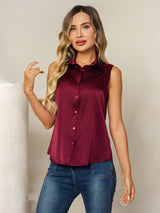 [Mörkröd] SilkSilky-SE Sleeveless Lapel Collar Damskjorta 001