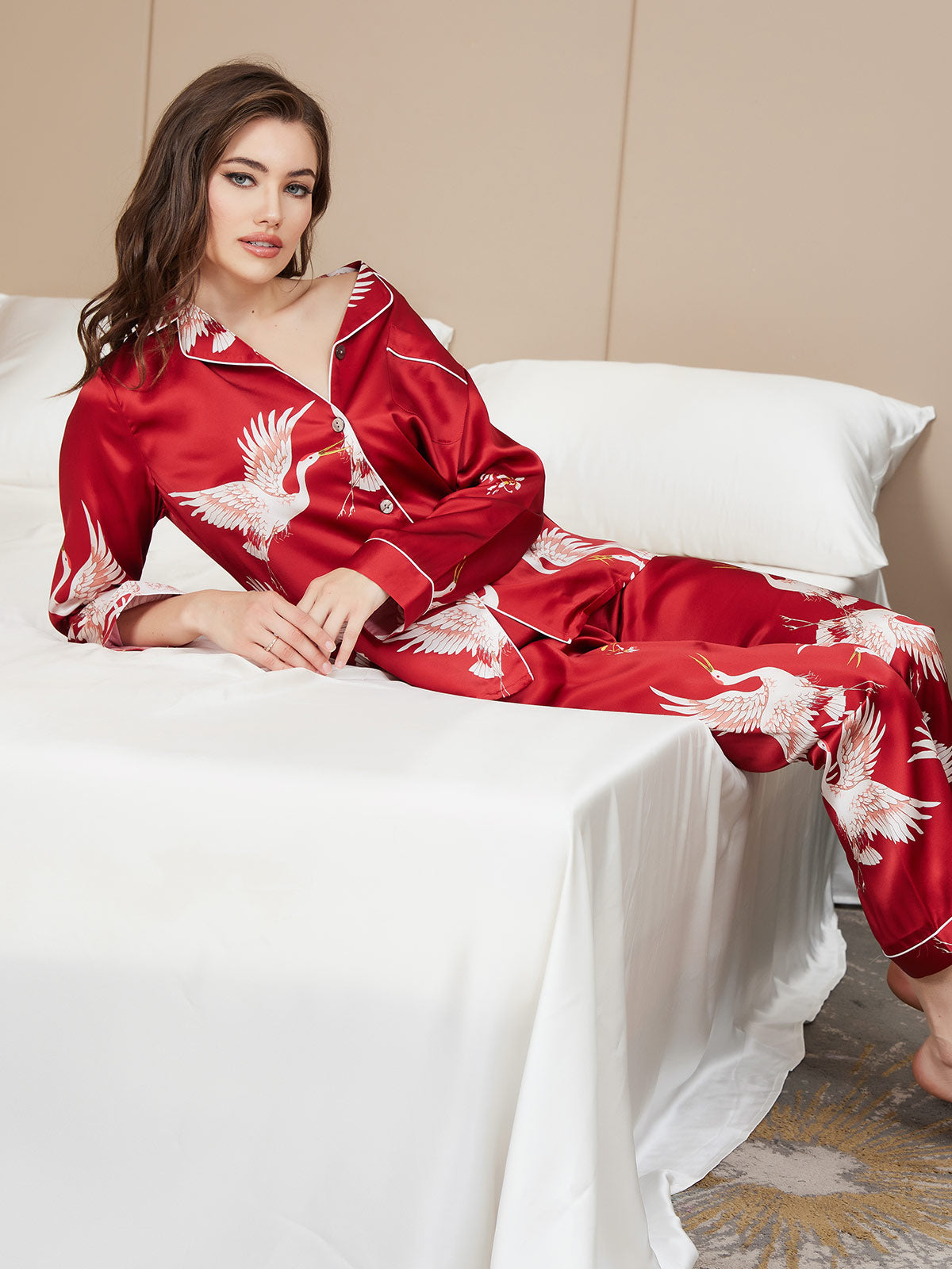 [Mörkröd] SilkSilky-SE 19Momme Lång Ärm Dam Pyjama 008