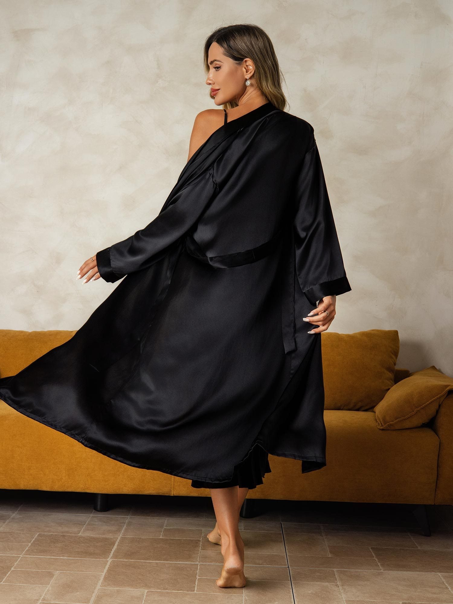 [Svart] SilkSilky-SE Rent Silke Nightgown&Robe Set 002