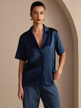 [Mörkblå] SilkSilky-SE Short Sleeve Lapel Collar Damskjorta 001