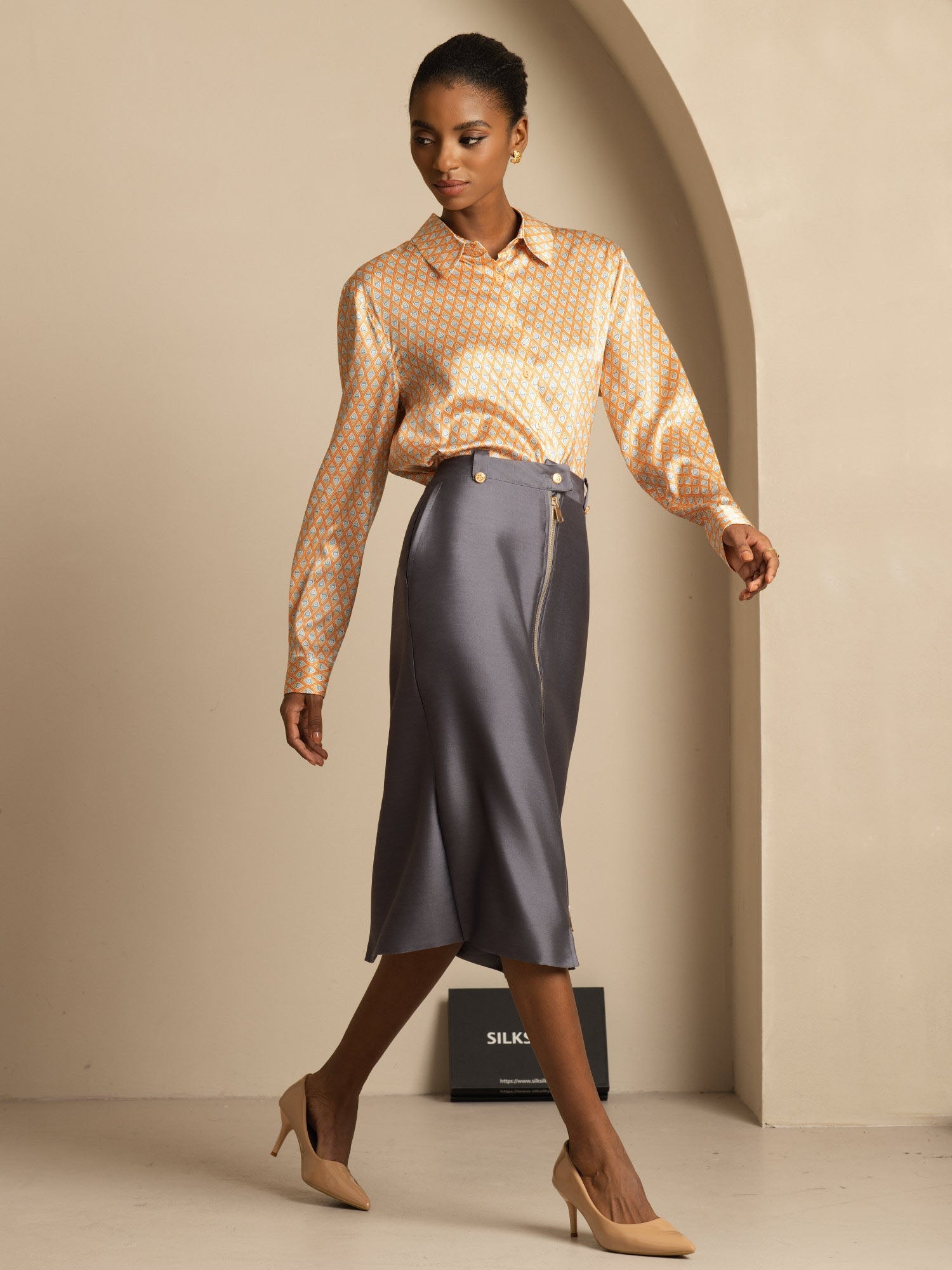 [Floral] SilkSilky-SE Silke Lång Ärm Krage Damskjorta 007