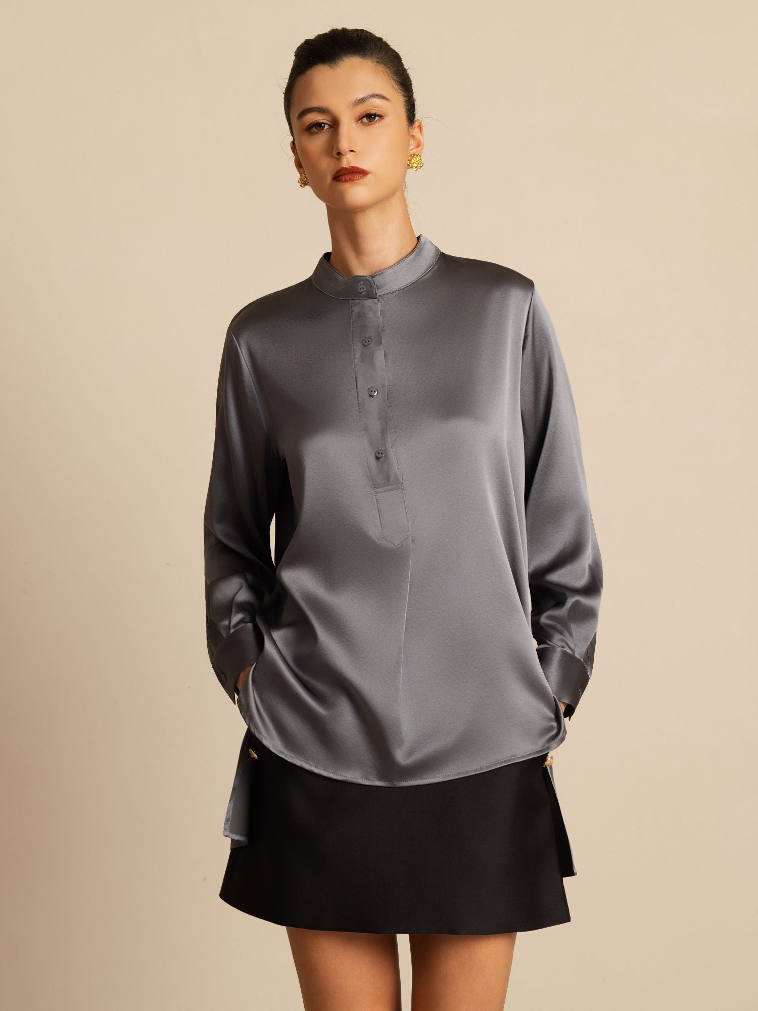 [Mörkgrå] SilkSilky-SE 19Momme Silke Lång Ärm Ståkrage Blus 004