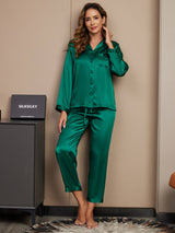 [Grön] SilkSilky-SE Long Sleeve Lapel Collar Dam Pyjama 003