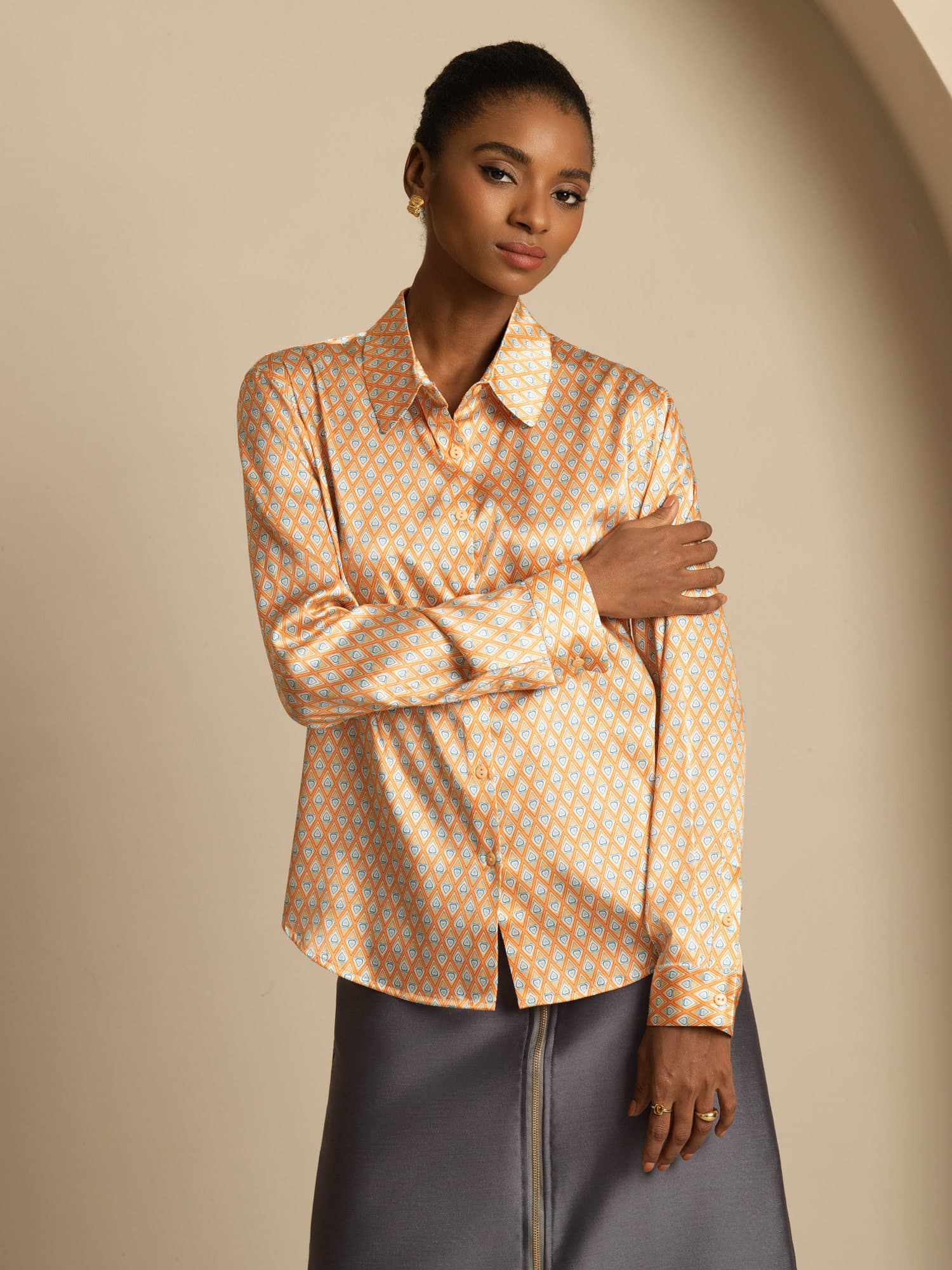 [Floral] SilkSilky-SE Silke Lång Ärm Krage Damskjorta 001