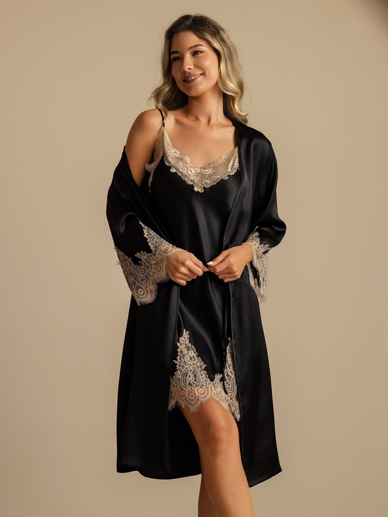 [Svart] SilkSilky-SE Rent Silke Nightgown&Robe Set 007,