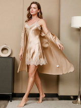 [Champagne] SilkSilky-SE 3/4 Sleeve V Neck Dam Nattlinne&Morgonrock Set 001
