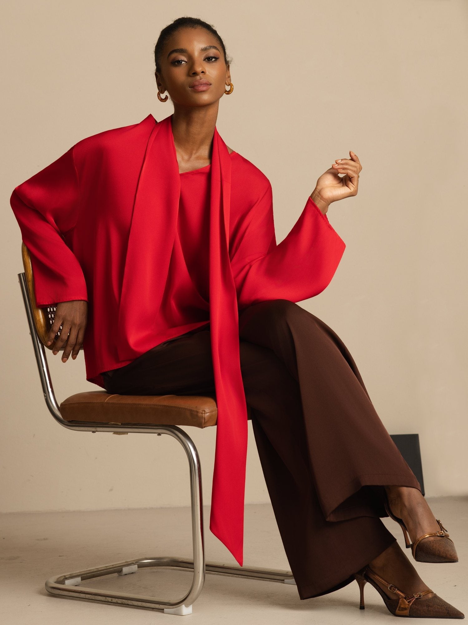 [Vin] SilkSilky-SE 19Momme Silke Lång Ärm V Ringning Blus 001