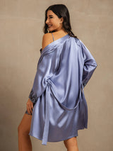[Stålblå] SilkSilky-SE 3/4 Sleeve V Neck Dam Nattlinne&Morgonrock Set 002