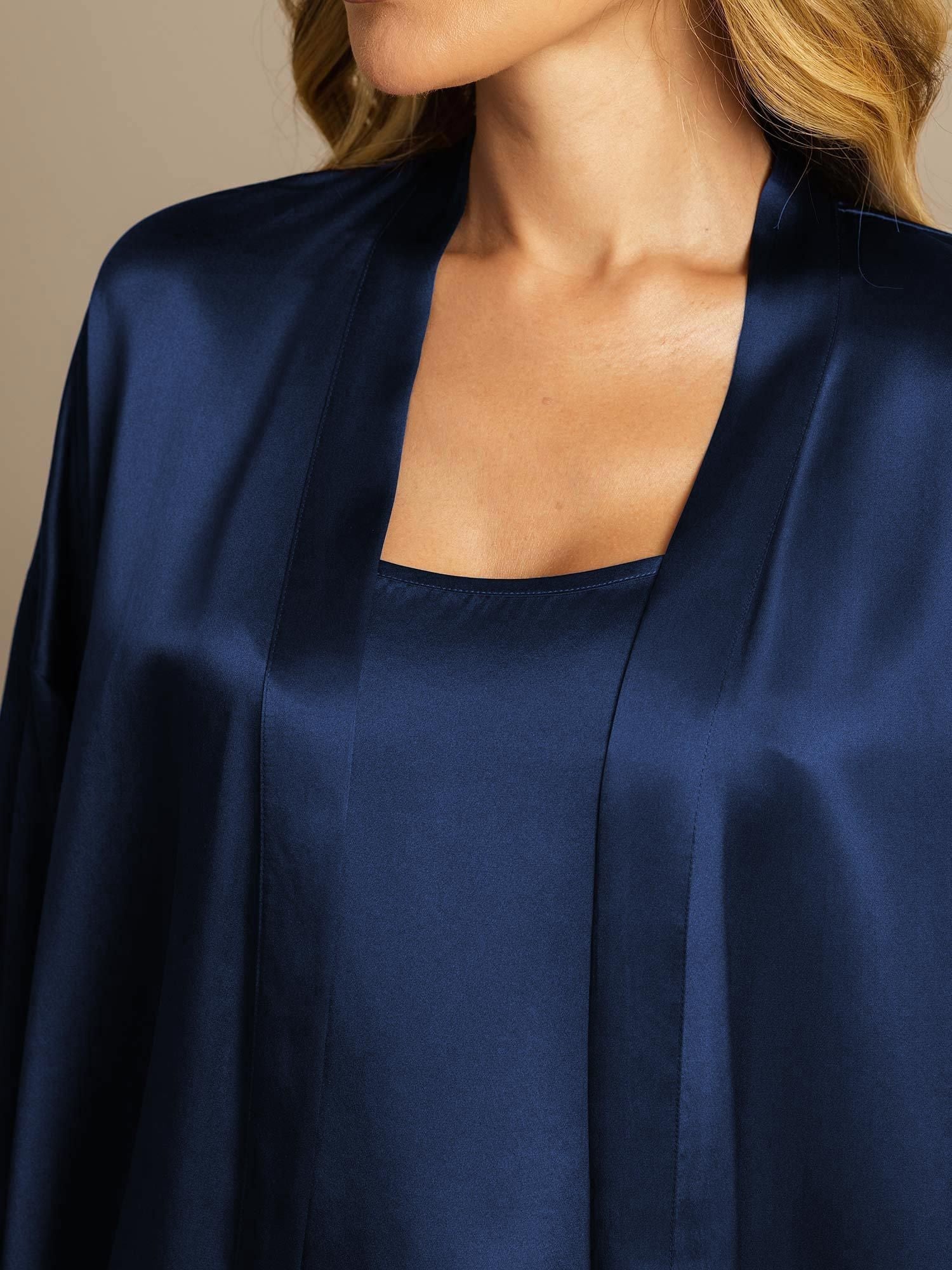 [Mörkblå] SilkSilky-SE Rent Silke Nightgown&Robe Set 004,