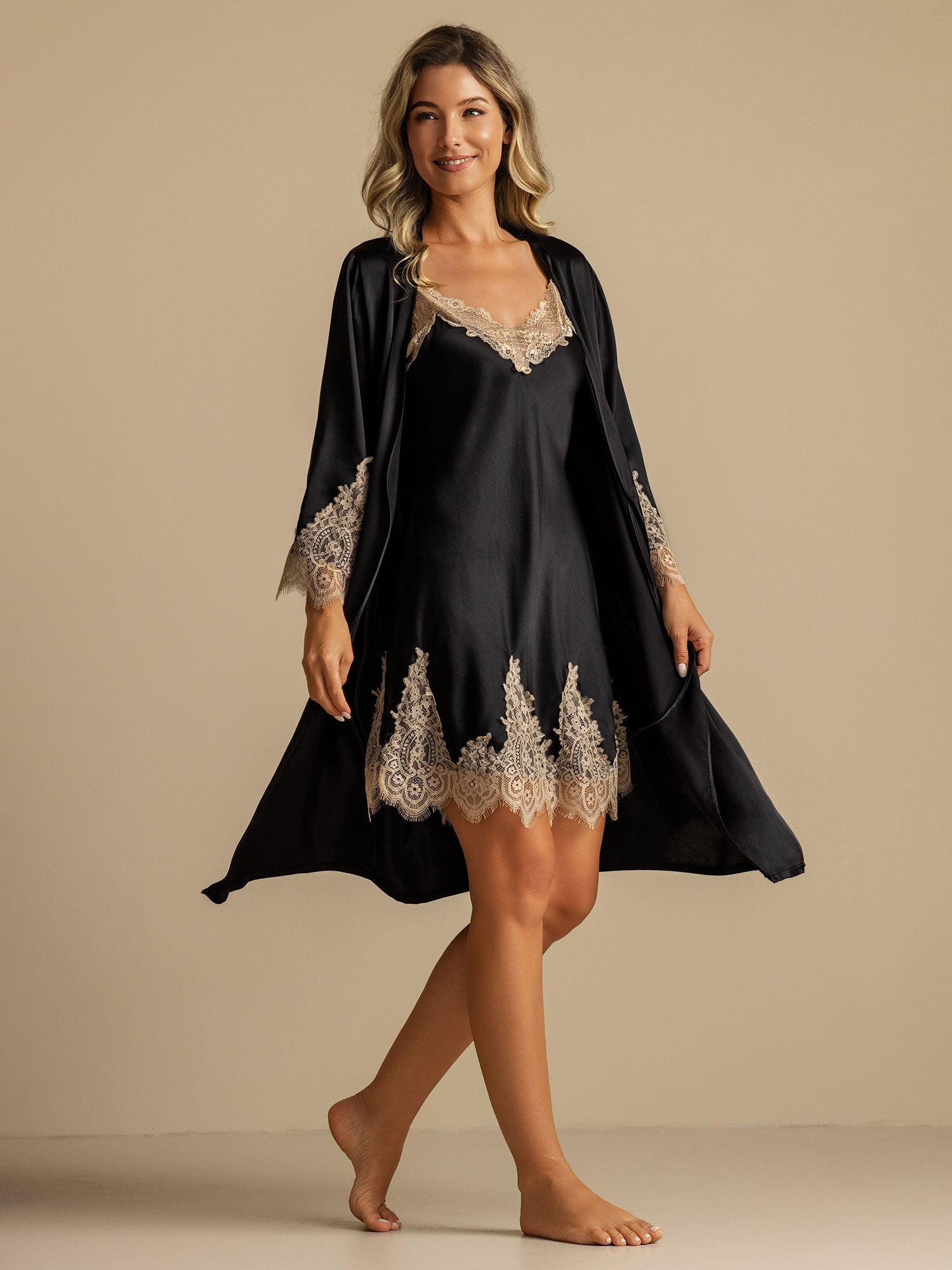 [Svart] SilkSilky-SE Rent Silke Nightgown&Robe Set 001,