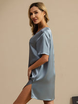 [Gråblå] SilkSilky-SE Half Sleeve V Neck Nattlinne 004