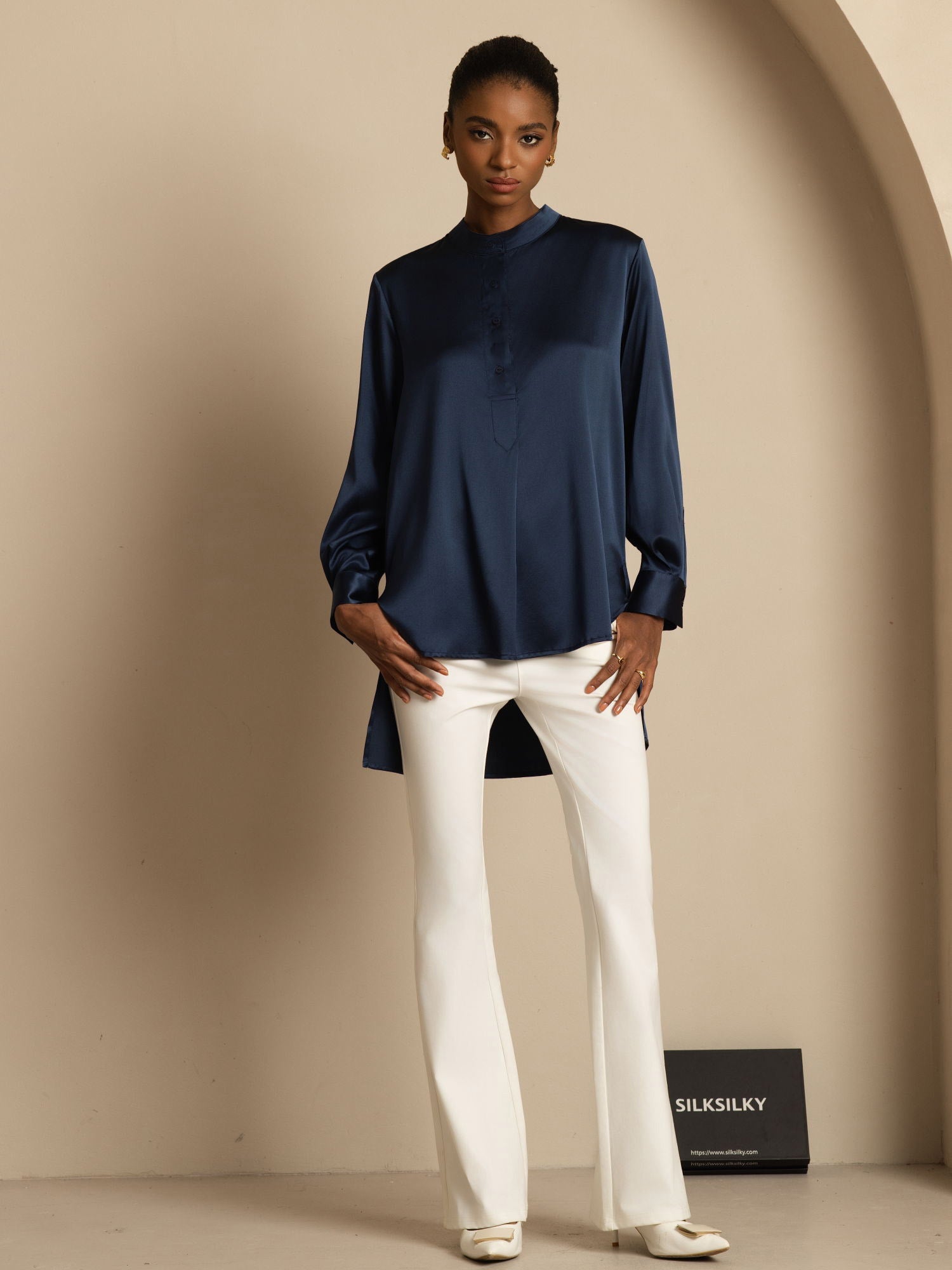 [Mörkblå] SilkSilky-SE 19Momme Silke Lång Ärm Ståkrage Blus 008