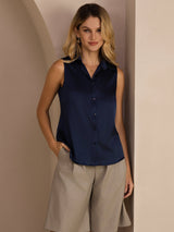 [Mörkblå] SilkSilky-SE Sleeveless Lapel Collar Damskjorta 001
