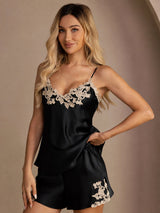 [Svart] SilkSilky-SE Spaghetti Strap V Neck Camisole Set 001