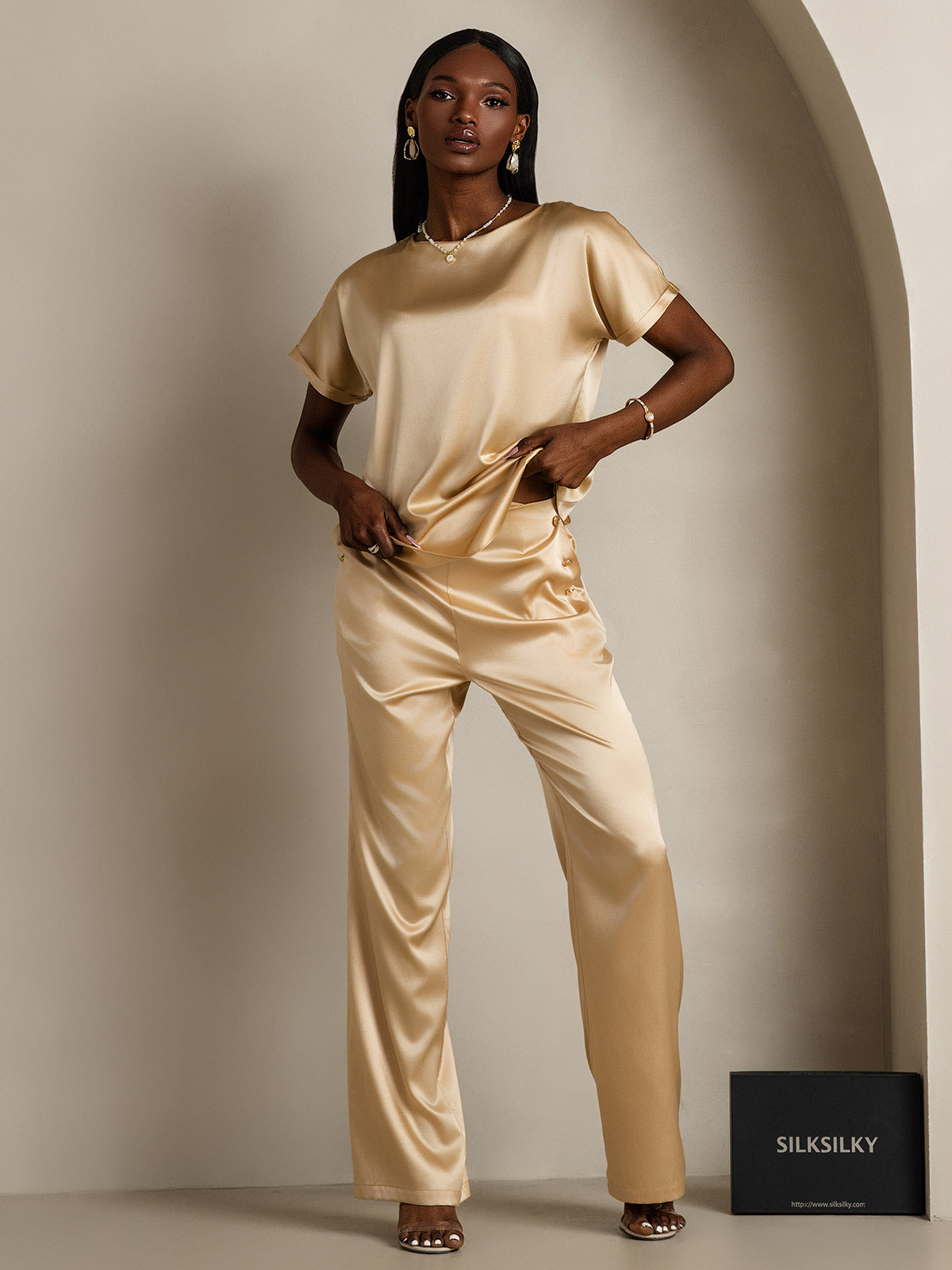 [Champagne] SilkSilky-SE 19Momme Silke Womens T-Shirt 006,