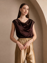 [Mörk Choklad] SilkSilky-SE Cap Sleeve Cowl Neck Dam T-Shirt 001
