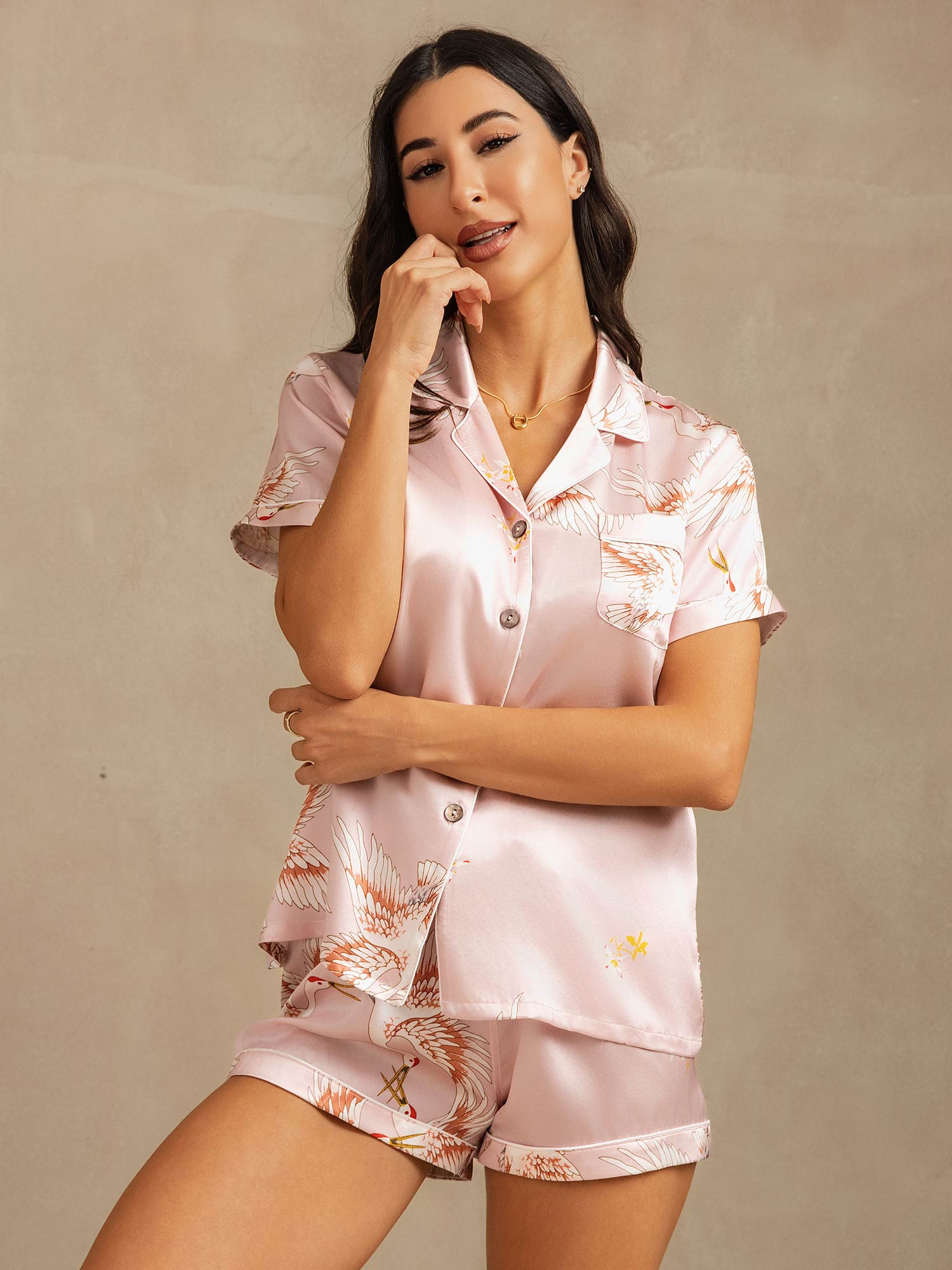 [Rosa] SilkSilky-SE 19Momme Kort Ärm Notchkrage Dam Pyjama 003