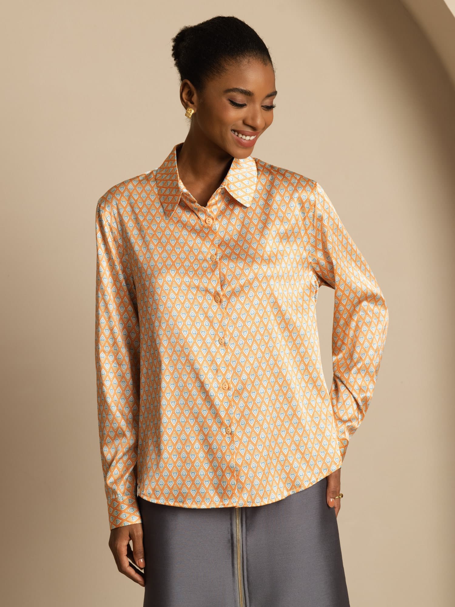 [Floral] SilkSilky-SE Silke Lång Ärm Krage Damskjorta 003