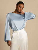[Gråblå] SilkSilky-SE Long Sleeve Boat Neck Blus 001
