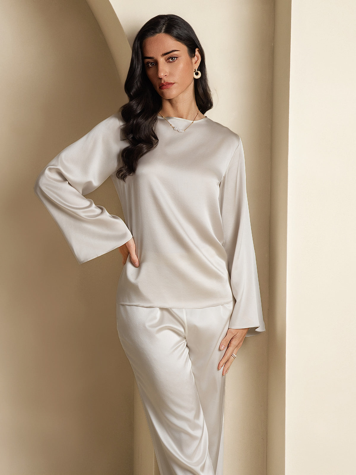 [Ljusgrå] SilkSilky-SE 19Momme Silke Womens T-Shirt 004,