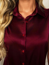 [Mörkröd] SilkSilky-SE Sleeveless Lapel Collar Damskjorta 004