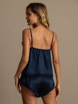 [Mörkblå] SilkSilky-SE Spaghetti Strap V Neck Camisole Set 002