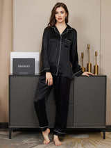 [Svart] SilkSilky-SE Long Sleeve Lapel Collar Dam Pyjama 005