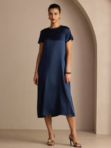 [Mörkblå] SilkSilky-SE Short Sleeve Round Neck Klänning 001