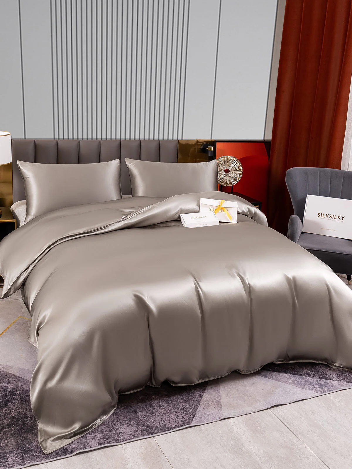 [Grå] SilkSilky-SE 22Momme Rent Silke Bedding Set 003,