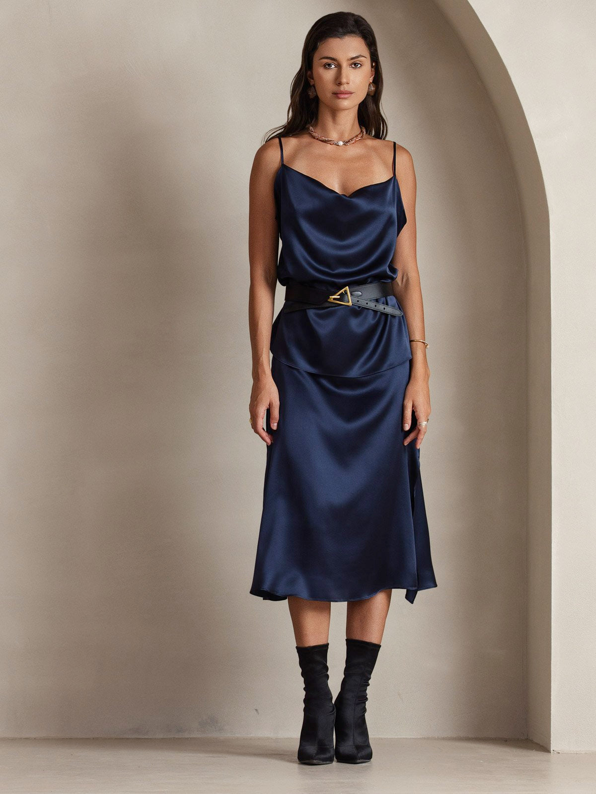 [Mörkblå] SilkSilky-SE 19Momme Spaghetti Rem Cowl Halsringning Cami Toppar 004