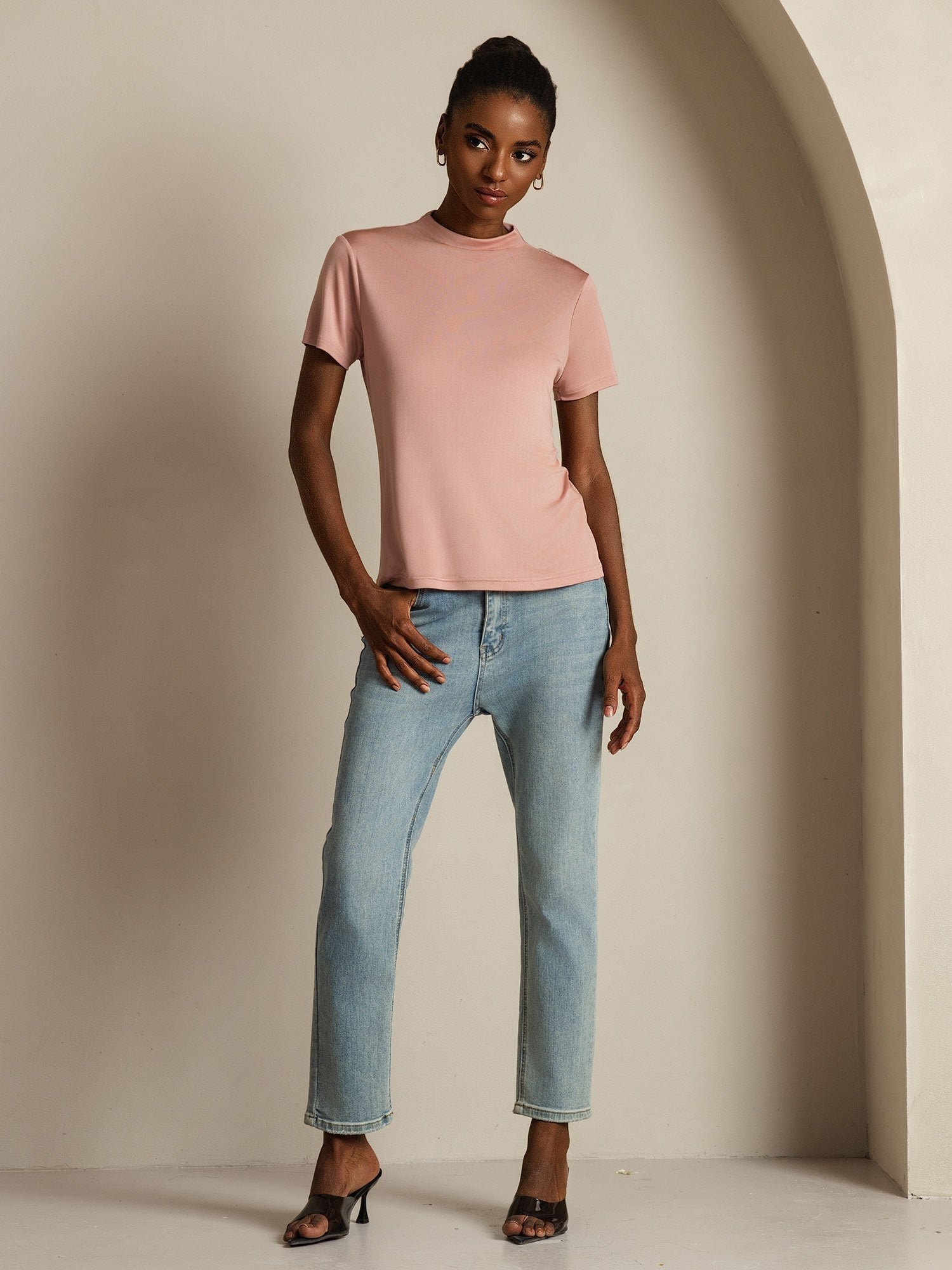 [Rosa] SilkSilky-SE Rent Silke Krage Dam T-Shirt 007