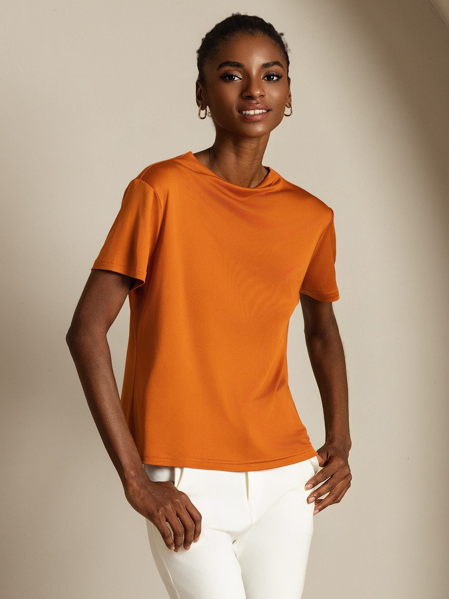 [Orange] SilkSilky-SE Rent Silke Krage Dam T-Shirt 006