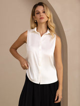 [Vit] SilkSilky-SE Sleeveless Lapel Collar Damskjorta 003