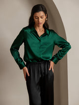 [Mörkgrön] SilkSilky-SE Long Sleeve Lapel Collar Damskjorta 003