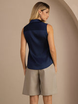 [Mörkblå] SilkSilky-SE Sleeveless Lapel Collar Damskjorta 002