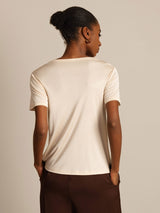 [Beige] SilkSilky-SE Kort Ärm Rund Halsringning Dam T-Shirt 002
