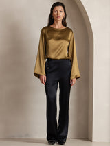[Brun] SilkSilky-SE Long Sleeve Boat Neck Blus 004
