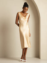 [Champagne] SilkSilky-SE 19Momme Ärmlös Cowl Halsringning Klänning 006