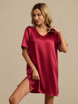 [Mörkröd] SilkSilky-SE Half Sleeve V Neck Nattlinne 004