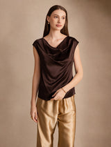 [Mörk Choklad] SilkSilky-SE Cap Sleeve Cowl Neck Dam T-Shirt 003