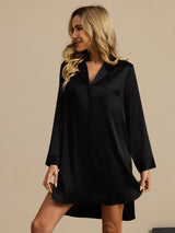 [Svart] SilkSilky-SE Long Sleeve Lapel Collar Dam Sömnskjorta 005