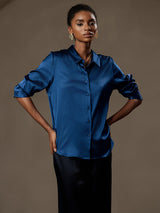 [Kungsblått] SilkSilky-SE Long Sleeve Lapel Collar Damskjorta 004