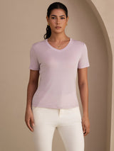 [Lavendel] SilkSilky-SE Short Sleeve V Neck Dam T-Shirt 001