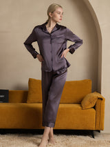 [Lila Grå] SilkSilky-SE Long Sleeve Lapel Collar Dam Pyjama 001